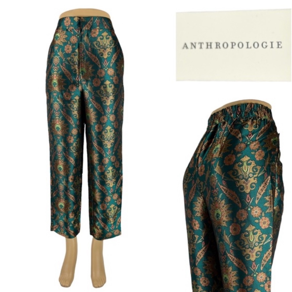 Anthropologie Green and Gold Patterned Pants